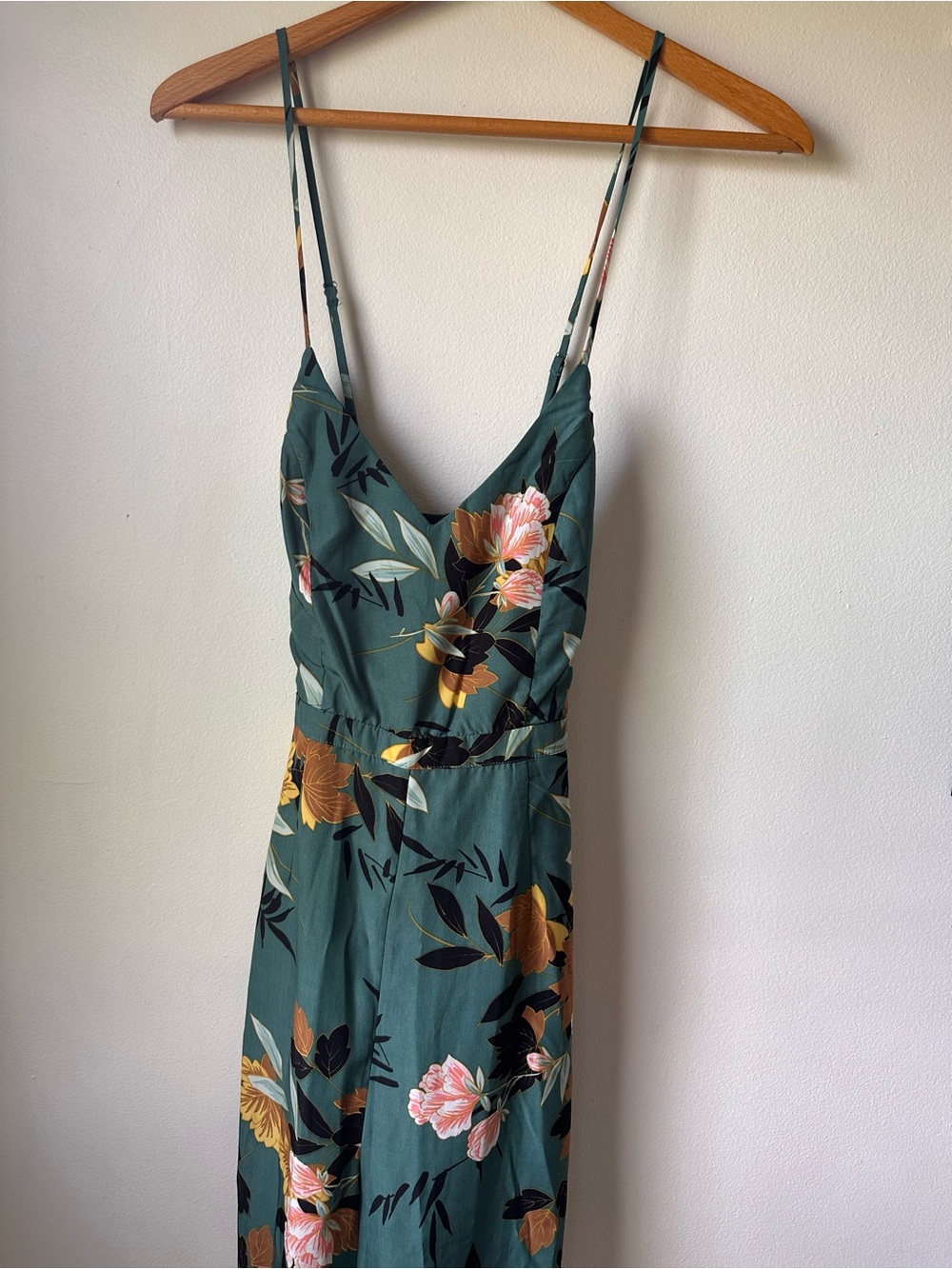 NWT! Lulu's Dark Green Floral Spaghetti Strap Jumpsuit